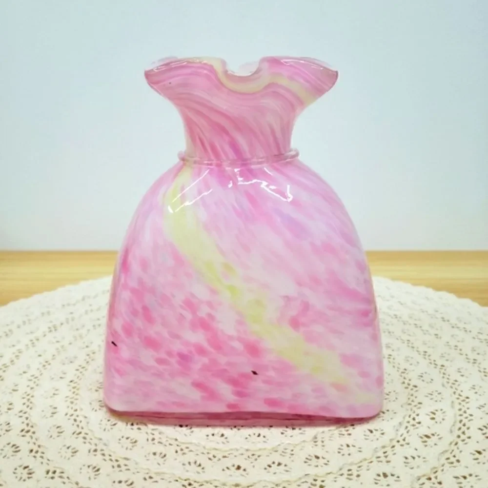 Vintage Murano Style Pink Cased Art Glass Tied Gift Bag Swirl Vase